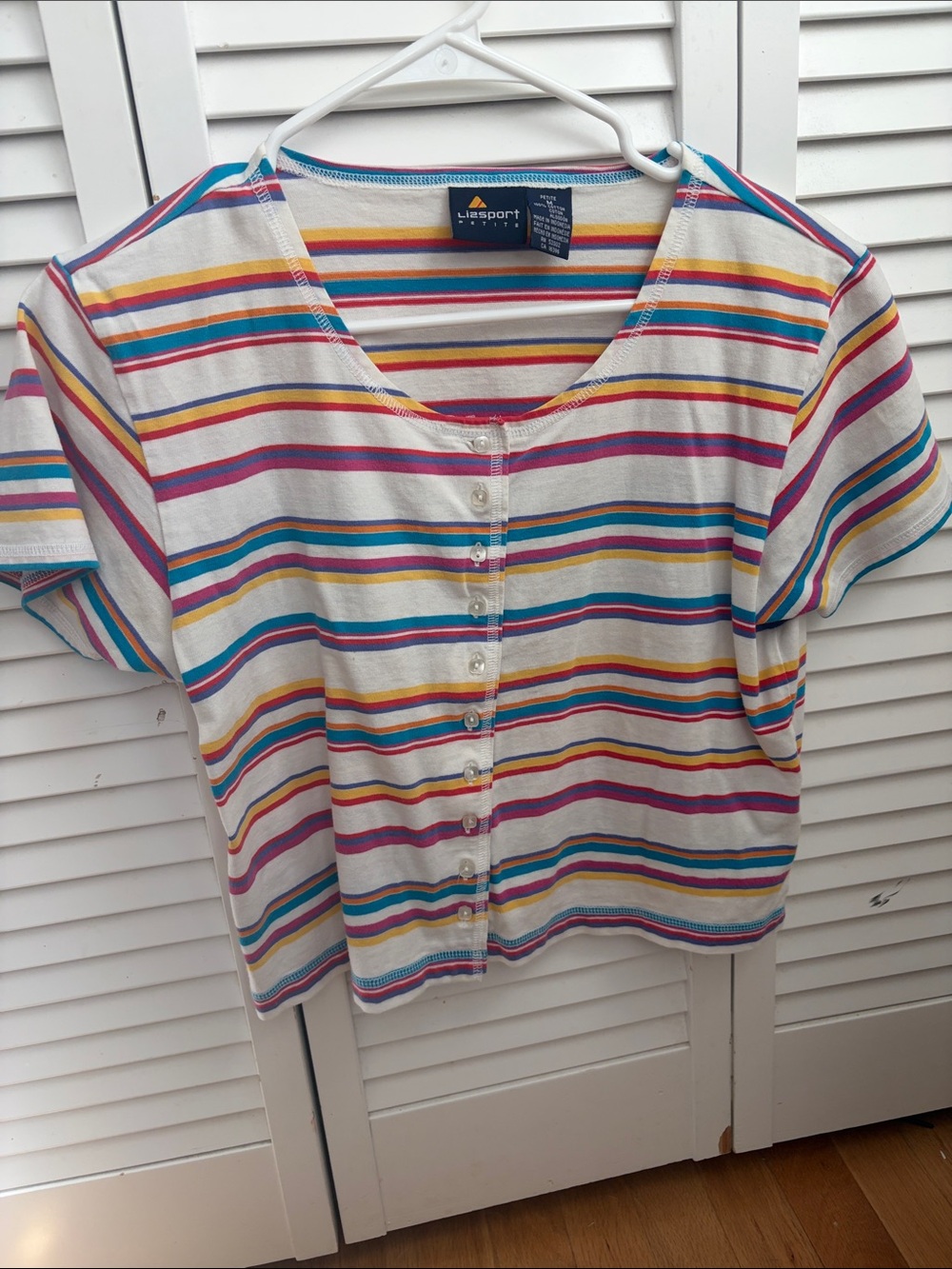 Liz Sports Striped Button-Front Tee in White with Multicolor Stripes